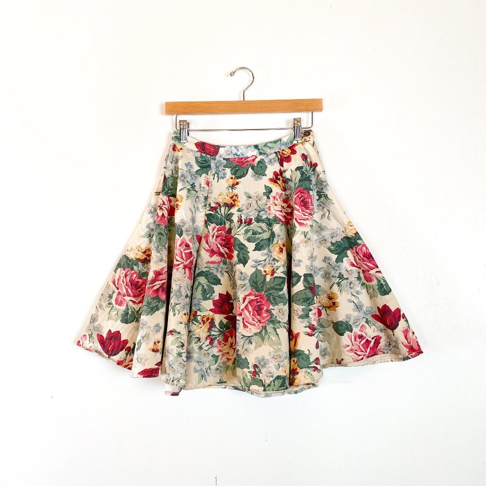 Vintage 80's Denim Floral Mini Circle Skirt